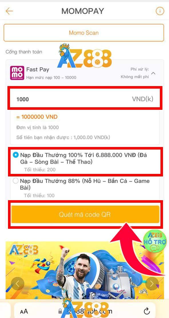 Điền số tiền và chọn quét mã QR Điền số tiền và chọn quét mã QR